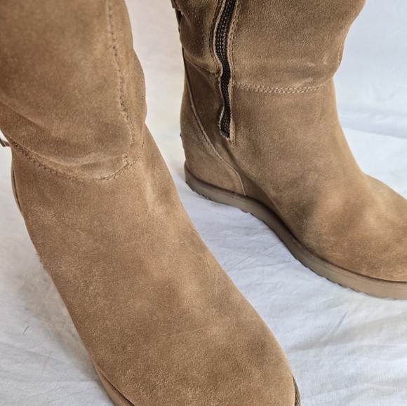UGG Women's 9.5 Femme Over The Knee Chestnut Suede Fur Wedge Tall Boots New - Picture 3 of 8